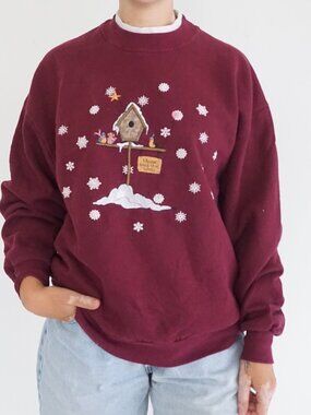 Vintage American Sweatshirt Burgundy Puff Print Tree Snowflake Festive Holiday L